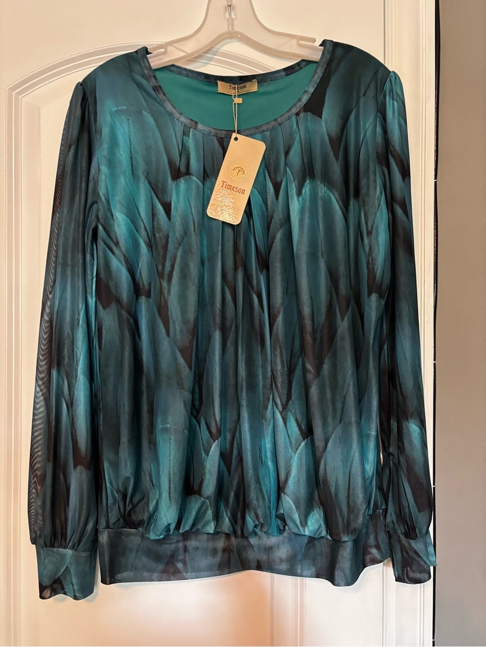 NWT Timeson Teal Feather-Print Long Sleeve Women's Top Medium